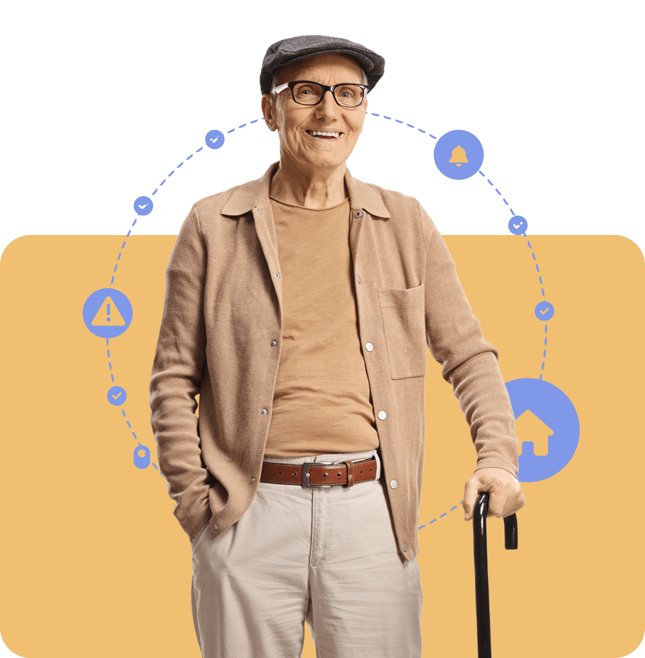 Healthy old man in a cane with background animations