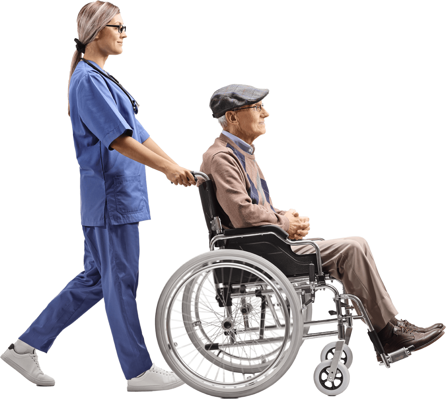 Side profile of a nurse pushing an old man in a wheelchair